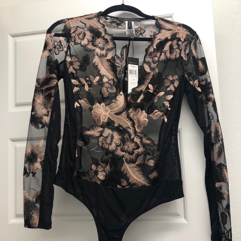 NWT BCBG Maxazria black floral bodysuit